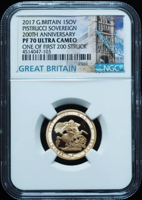 2017 Great Britain Pistrucci Sovereign Fine Gold Proof PF70 Ultra Cameo NGC