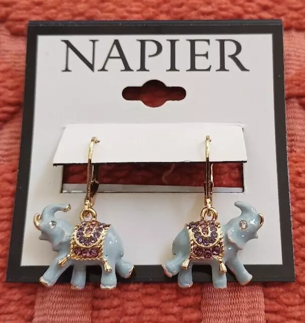 New Napier Gold Tone Elephant Drop Leverback Earrings