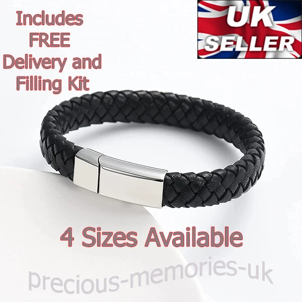 Men's Cremation Ashes Black Leather Urn Bracelet - Memorial Keepsake Jewellery