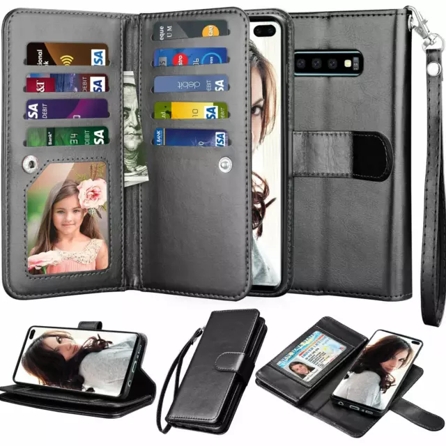 Galaxy S10 Plus 9 Card Slots Credit Holder Folio Flip Magnetic Phone Cover Black