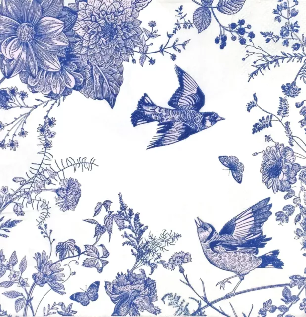 Q803# 3 x Single Paper Napkins Decoupage Blue White Bird And Flower Twig Pattern