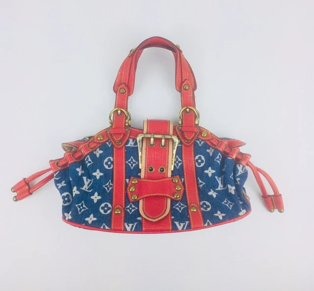 LOUIS VUITTON BLUE Jean Denim Handbag Red Leather Trim Buckle Strap Purse  Tote $299.99 - PicClick