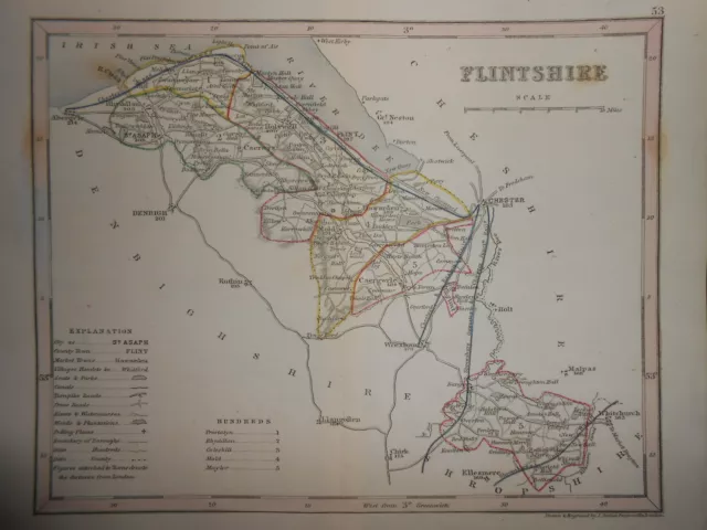 Original Antique Hand Coloured Map - Flintshire (North Wales)  c1850s - J Archer 2