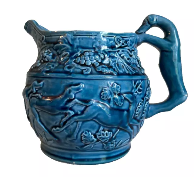 Italian Majolica Blue Pitcher With Dog Handle and Animal Scene Rare Blue Color
