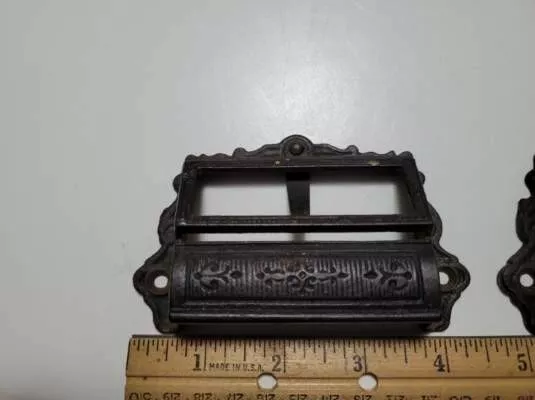Vintage metal cast door pulls with label window & clip