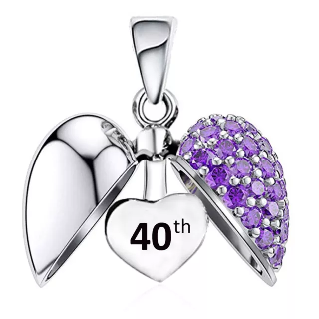 40th Sterling Silver Heart Pendant - Gift for Her Charm Bracelet or Necklace 40