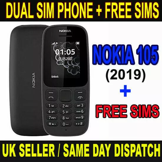 Nokia 105 Unlocked (2019 Edition) DUAL Mobile Black Colour with FREE 1 x SIMS