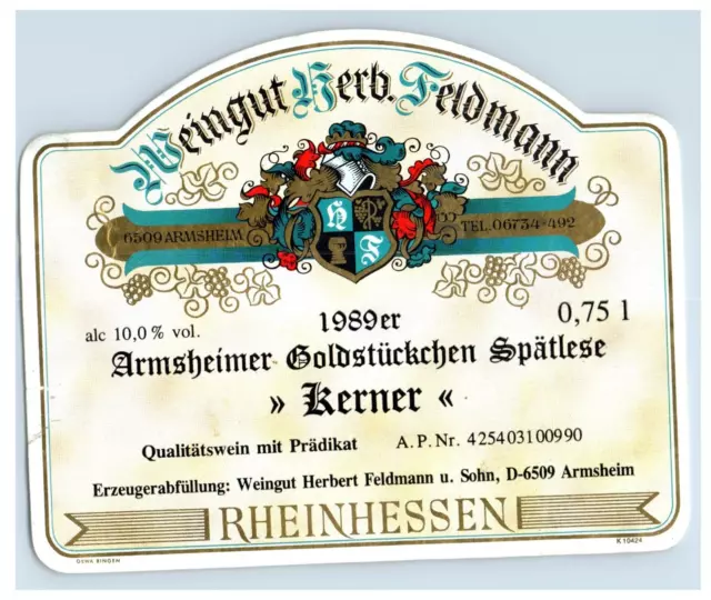 1970's-80's Beingut Berb Armsheimer Kerner German Wine Label Original S19E