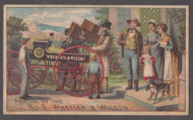 Arrival of the Wheeler & Wilson #8 Sewing Machine trade card 1880s wagon