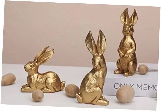WONDROUS' DECO Resin Bright Gold Easter Bunny Figurines, Small Set of 3 Gold-2
