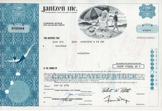 Jantzen Inc. Stock Certificate Less Than 100 Shares