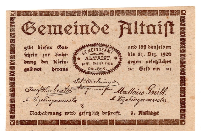 Austria Notgeld Municipality of Altaist 50 Heller (B274)