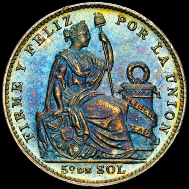 1913 FG Peru 1/5 Sol Toned Mint Error Obverse Struck Thru NGC MS-65