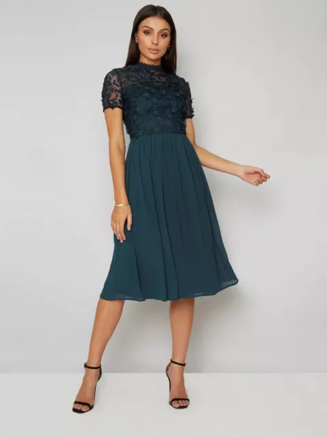 Chi Chi London Midi Green Floral Lace Embroidered Dress Wedding Prom Ball