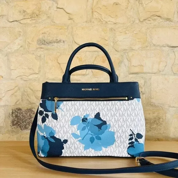 Michael Kors Floral Hailee Medium  Blue Floral Signature Canvas Satchel Handbag