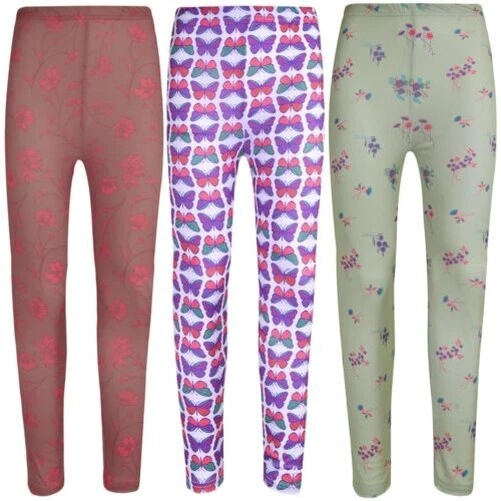 Bambine Legging Fiori Selvatici Farfalle Morbido Elasticizzato Moda Estiva Fondo
