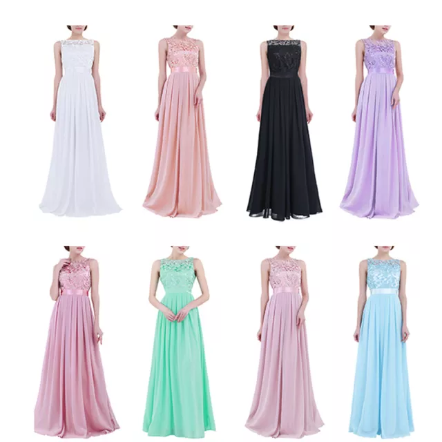 UK Women's Elegant Prom Party Dresses Floral Lace Long Chiffon Bridesmaid Gowns