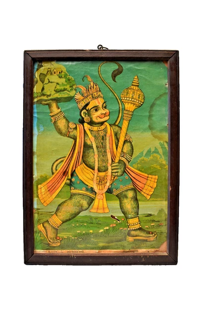 Lithographie Vintage Raja Ravi Varma Panchmukhi Maruti Hanuman - Impression Ancienne, Circa 1920