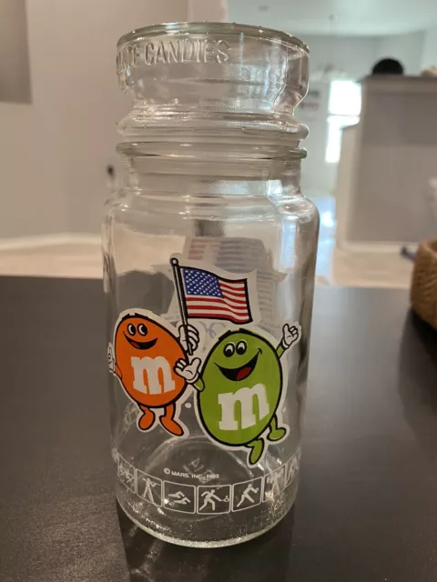 VTG 1984 Los Angeles Olympics M&M's Glass Candy Jar With Lid Original Mars Inc