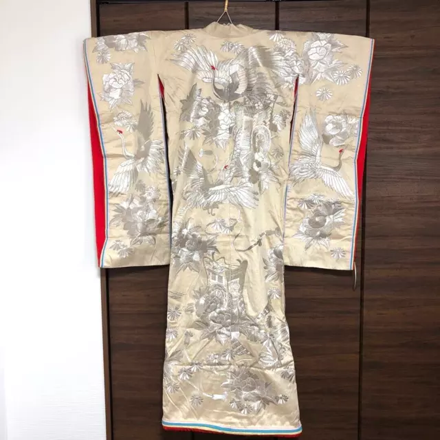 Japanese Silk Kimono Robe Uchikake Wedding Embroidery White Antique VINTAGE U2