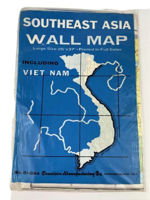 Vtg 1960's Dennison Southeast Asia Vietnam Wall Map 25"x37" Sealed New Old Stock