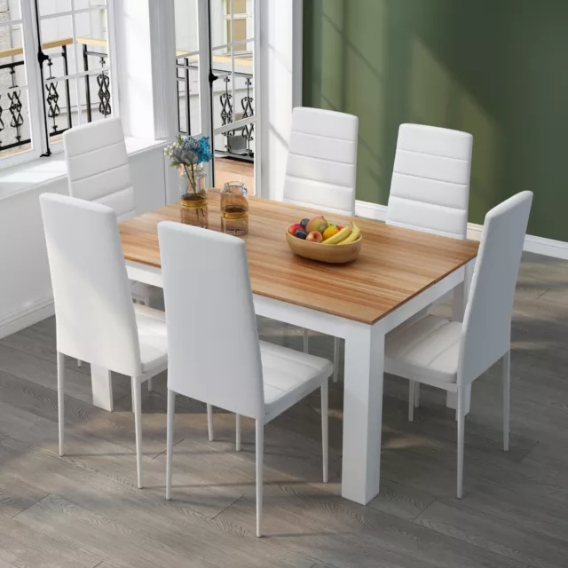 Oak Wooden Dining Table Set w/6 Faux Leather White Chair Seat Kitchen Furniture