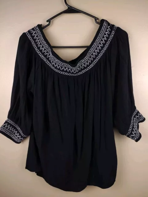 Women's Black Off The Shoulder 3/4 Sleeve Embroidered Top Sz Lg