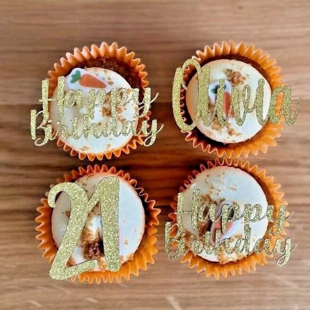 Personalised Happy Birthday Name Age Glitter Cupcake Toppers Cake Topper