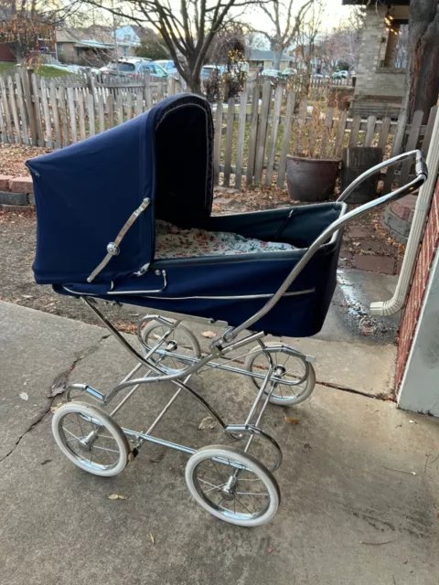 Vintage Navy Blue Baby Carriage Pram Stroller 