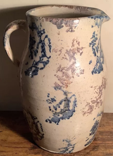 Antique Salt Glazed Cobalt Blue Sponged Stoneware Pattern Pottery Pitcher~Beauty