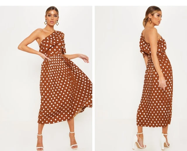 chocolate polka dot one shoulder ruffle detail pleated midi dress Chocolate And Ivory Polka Dot Print Pleated Elastic Strap Dress Likemychoice