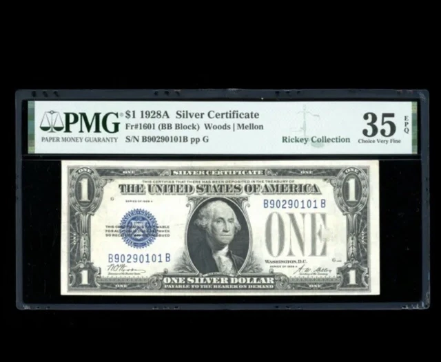 DBR 1928-A $1 Silver Funnyback Fr. 1601 BB Block PMG 35 EPQ Serial B90290101B