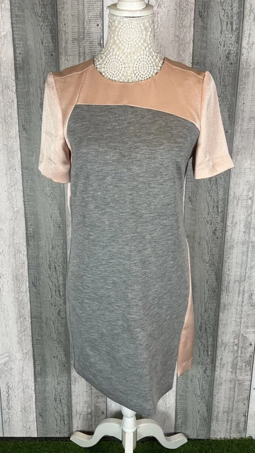 Tara Jarmon Grey Pink Sweater Front Satin Back Short Sleeve Shift Dress Size 10