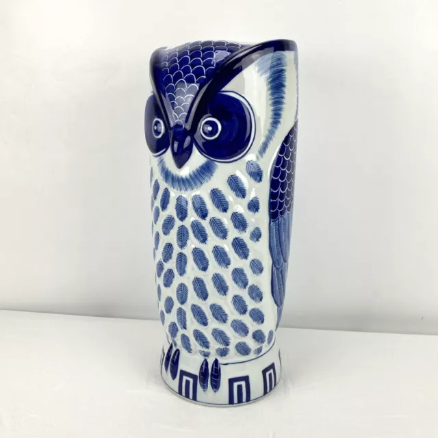 Owl Umbrella Stand Cane Hiking Stick Holder Big Vase 19.5" White Blue Ceramic