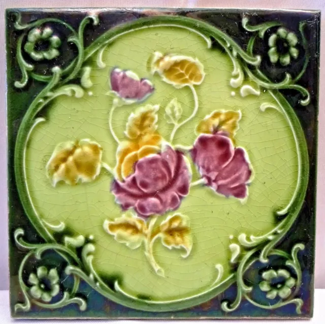Tile Vintage Porcelain Rose Purple England Art Nouveau Majolica Collectibles#111