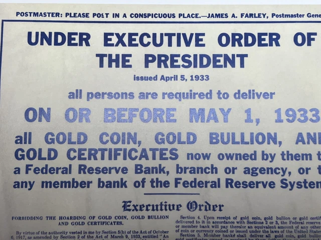 1933 FDR Gold Confiscation Poster Roosevelt Executive Order 6102 - REPRODUCTION