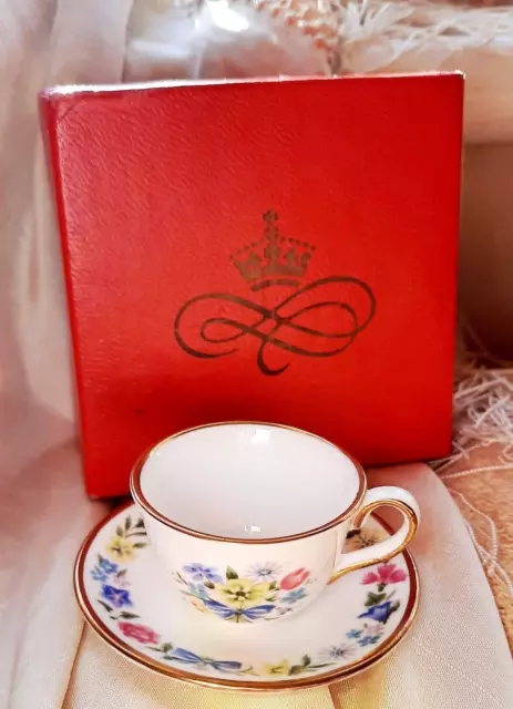 Vintage Spode England Fine Bone China Miniature Cup & Saucer Red Box Flowers
