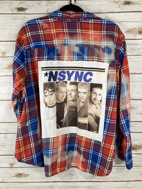 Upcycled Bleached Plaid Shirt *NSYNC Lightweight Blue Orange Size XXL