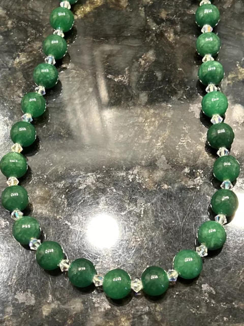 GREEN JADEITE NECKLACE With AB Glass Spacer Beads & Silver Tone Barrel ...