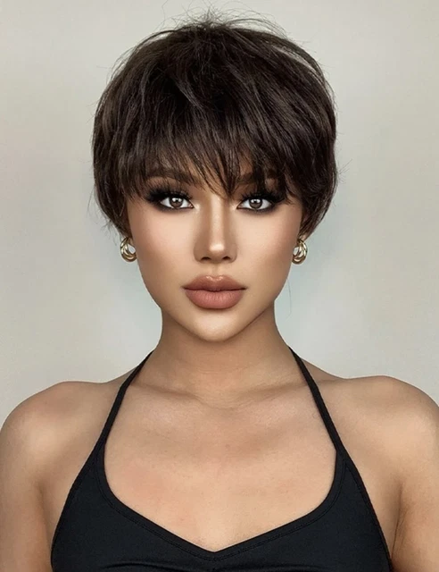 Perruque Synthétique Courte Style Pixie Brun - Taille Moyenne Avec Bonnet Intégré - Neuf Sans étiquettes