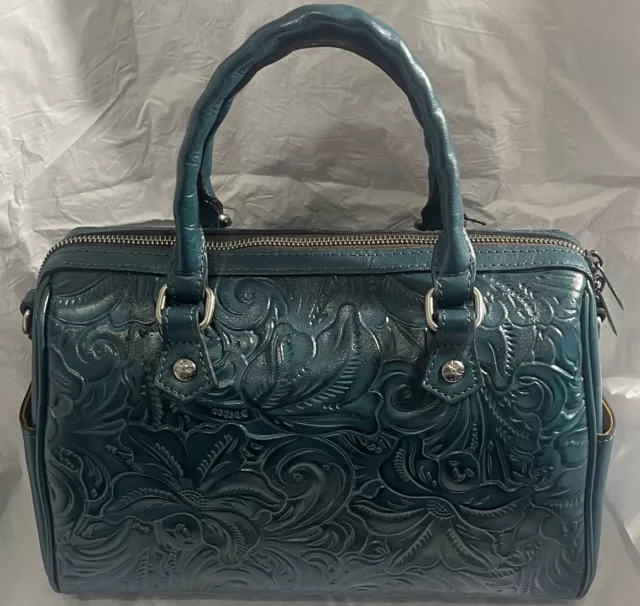 Patricia Nash Skye Tooled Leather Crossbody Satchel Bag Blue Coral  NWT