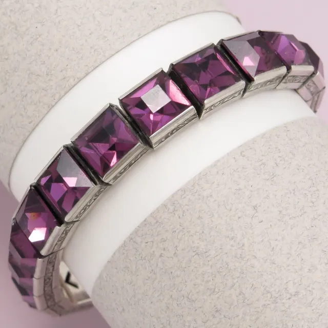 Vtg 1930s Art Deco Purple Paste Wide Signed Sterling Silver Line Bracelet