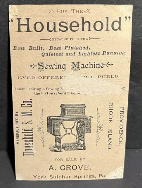 Victorian Trade Card " HOUSEHOLD SEWING MACHINE CO.  " York Sulphur Springs, Pa. 2