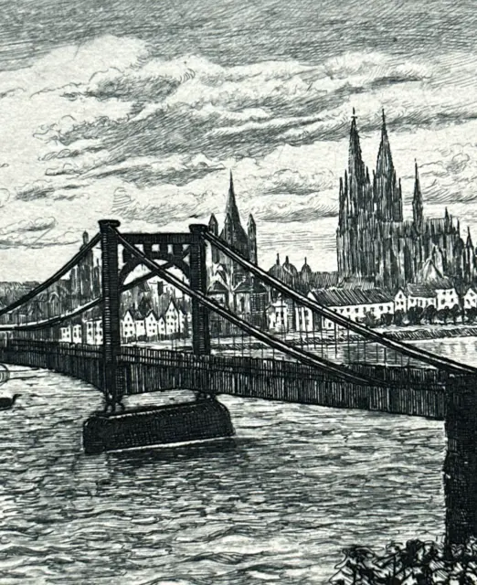 Gravure XXème signée paysage romantique Allemagne Cologne Hängebrucke