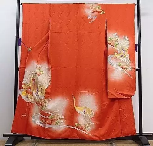 Woman Japanese Kimono Furisode Silk Crane Chrysanthemum Embroidery Vermilion