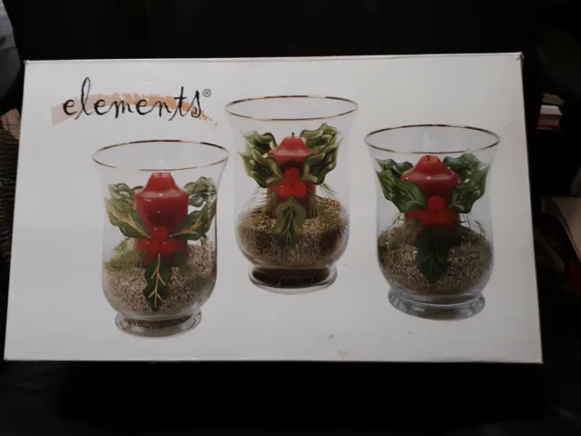 Elements Set of 3 Christmas Holly Hurricane Glass Candle Holders New In Box