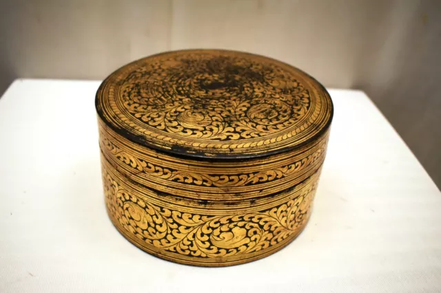 Antique Burmese Betel Nut Box Gilt Lacquerware Myanmar Floral Gold Painted Old"3