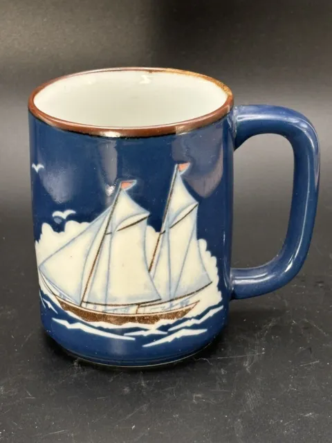 Vtg Otagiri Style Coffee Cup Tea Mug Blue White SailBoat Nautical Sea Gull Ocean