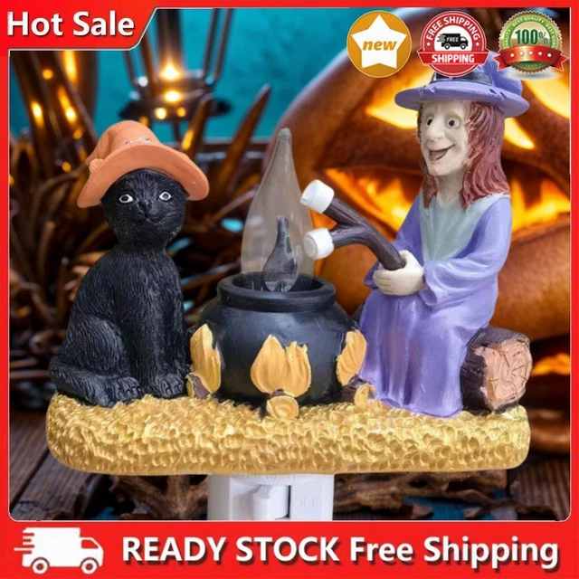 CAT AND WITCH Campfire Flickering Night Light Halloween Room Decor (US