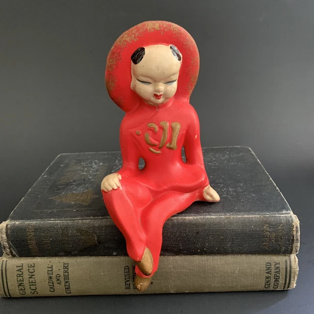 Vintage Shelf Sitter Asian Woman Red Figurine Chalkware 1950s?